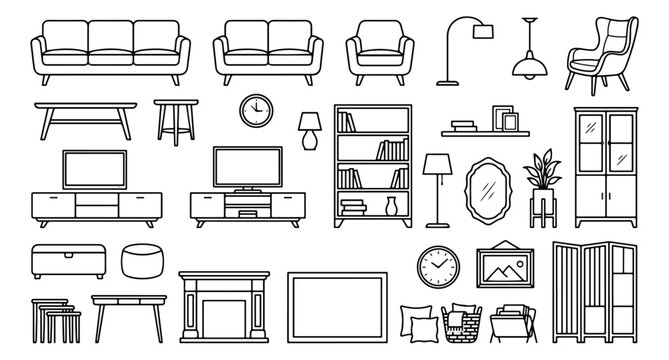 Minimalist furniture line icons set, modern living room interior decor elements vector, home furnishing and apartment layout symbols