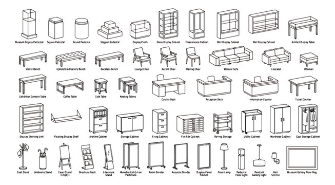 Minimalist furniture line icons set, 45 interior decor vector elements, modern office and home furnishing symbols for floor plans and architectural layouts