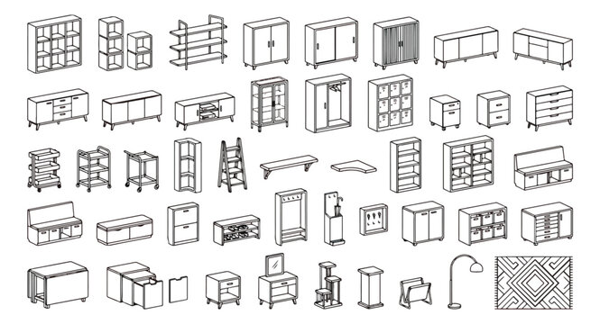 Minimalist furniture line icons set, modern home interior storage and shelving vector collection, 48 black and white outline furniture elements for floor plans