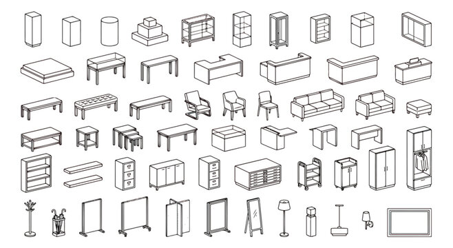 Isometric furniture line icons set, minimalist interior design elements vector, modern home and office decor outline symbols for floor plan layouts