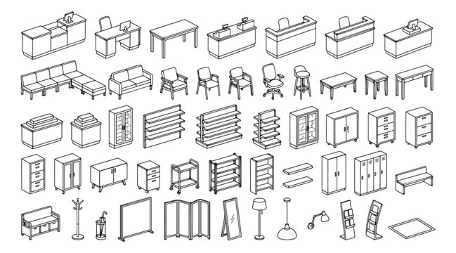 Isometric office furniture icons set, modern workspace interior elements in line art style, 50 professional business equipment vector illustrations