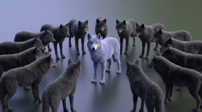 Leadership, wolf pack and standing out with uniqueness for business strategy, success and team management. Different, individuality and power in group with strength, leader and corporate goal.
