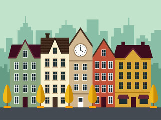 Flat Vector Illustration of Colorful European City Street with Townhouses and Clock Tower