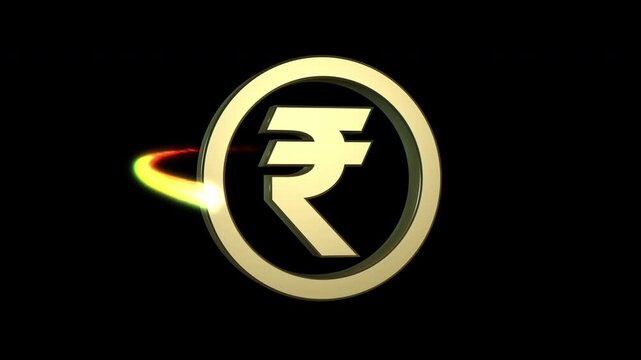 Bronze Indian Rupee (INR) currency symbol rotating with a glowing orbital effect. Seamless looping animation for finance, global economy, foreign exchange, banking, fintech, investment, international