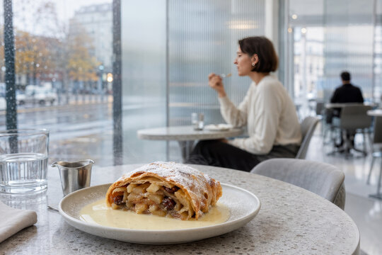 Una mujer disfruta de un momento tranquilo en un restaurante mientras saborea un strudel de manzana con salsa de vainilla en un d&iacute;a de lluvia