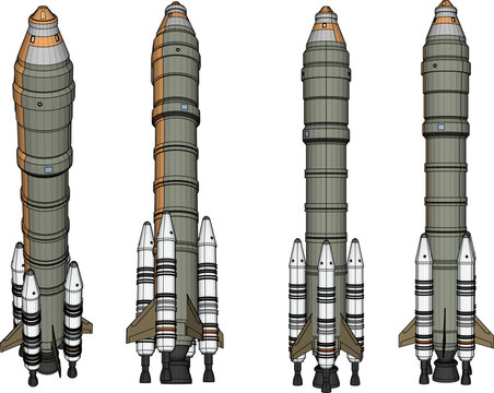 Technical 3D rendering of a space rocket launch vehicle with multiple strap-on boosters, displayed in multiple isometric views for CAD engineering and aerospace design