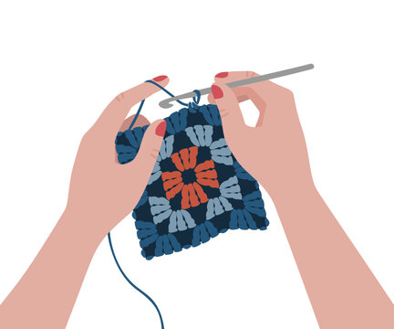 Crocheting granny square, hands holding crochet work with hook and yarn, vector illustration.
