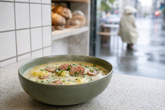 Sopa de patata con salchichas en un d&iacute;a de lluvia