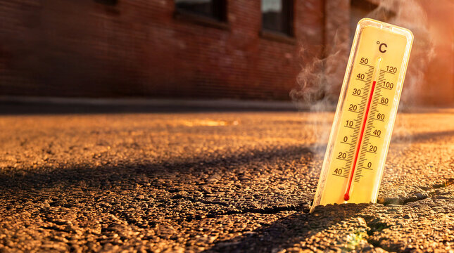 Extreme urban heat: a thermometer showing a high temperature against cracked asphalt, with space for text. A concept representing global warming, climate change, and weather conditions