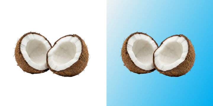 Split coconut halves in transparent background for tropical food design