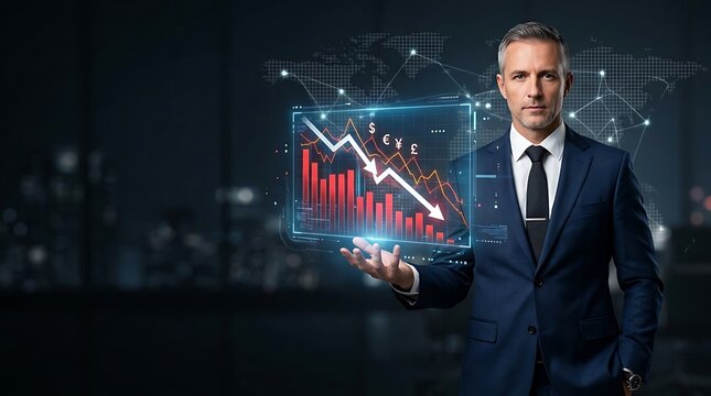 Professional businessman holding a futuristic digital hologram showing declining financial charts and a downward stock market trend