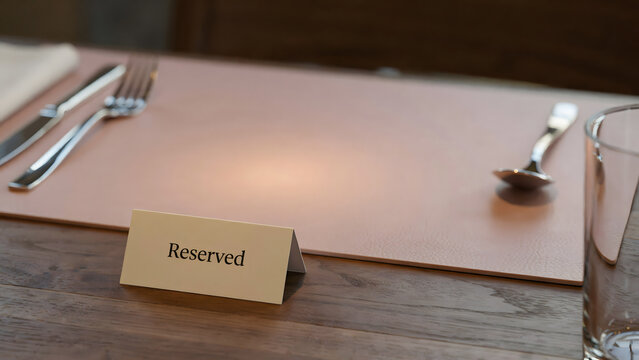 A reserved sign on a wooden restaurant table with cutlery and glassware