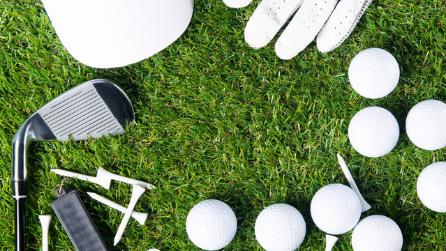 Golf Equipment Frame Border with Balls Visor Glove on Green Grass

