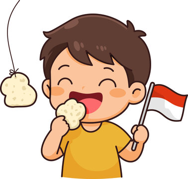 Boy Cheerfully Eats Snack Waving Indonesian Flag