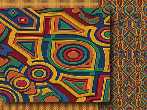 Bold 3D relief geometric medallion pattern with matching swatch inset in gold blue green and red