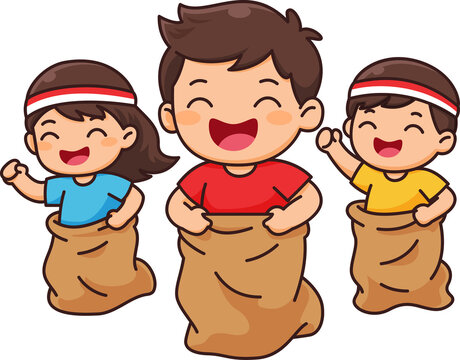 Children Racing Excitedly in Sack Race Event Wearing Indonesian Flags