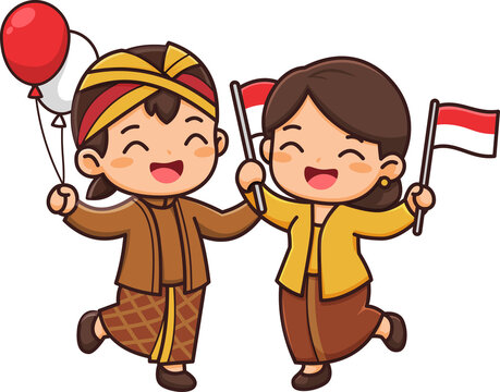Children Celebrating Indonesia with Flags and Balloons for National Day
