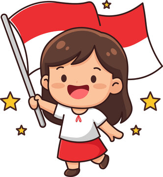 Indonesian Girl Waving National Flag Joyful Patriotism Celebration