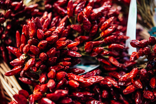 Dry red pepper on sale in a market.