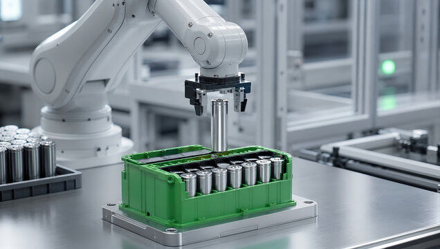 Industrial robot battery production automation factory robotic arm lithium battery assembly line green container manufacturing cleanroom precision