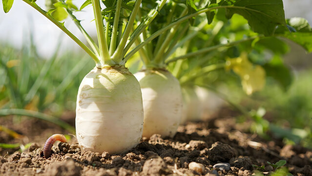 Fresh white daikon radishes growing in the soil on a sunny vegetable farm