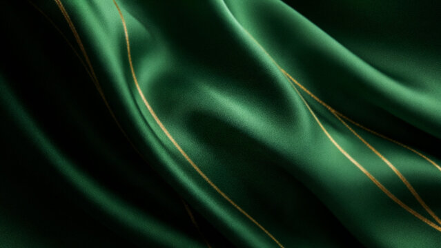 Abstract grainy background with luxurious flowing emerald green silk fabric waves and elegant golden lines for premium creative product presentation design backdrops.