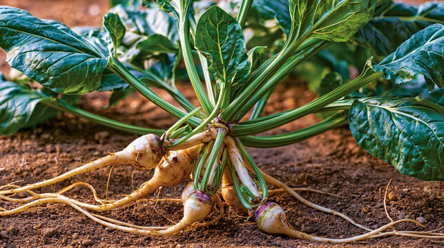 Fresh organic sugar beet plant growing in brown soil showing roots and green leaves