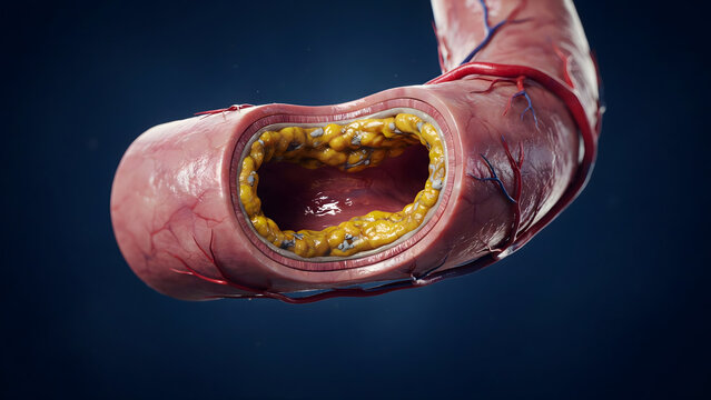 Medical illustration of a human artery blocked by cholesterol plaque buildup