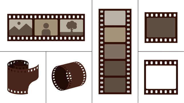 Collection of Vintage Brown Film Negative Strips and Photography Roll Icons for Retro Media and Analog Cinematic Visual Design