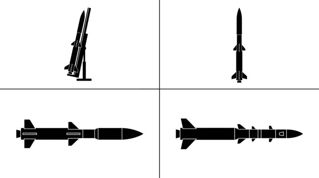Set of Military Guided Missile Vector Icons Illustrating Various Ballistic Weapon Systems for Defense and Strategic Aerospace Analysis
