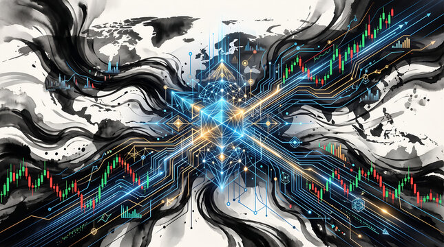 Futuristic AI Trading System with Global Stock Market Data background 