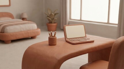 Fototapeta premium A Comfortable Campus Room Designed for Student Life, Modern terracotta-themed room with a bed, desk, and laptop by a window, minimalist and warm interior design.