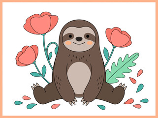 Fototapeta premium Cute Cartoon Sloth with Pink Poppies Vector Illustration