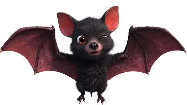 Cute Black Bat Character with Spread Wings - This is a full-body shot of a cute, friendly cartoon bat character with soft, black fur and large pink ears.