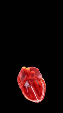 This 3D rendered animation illustrates a human heart in motion as it contracts and relaxes to simulate the pumping of blood through its chambers.
