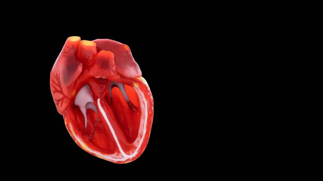 This 3D render reveals detailed views of the human heart's internal chambers, illustrating the anatomy and structure of the cardiac ventricles and atria with clarity.