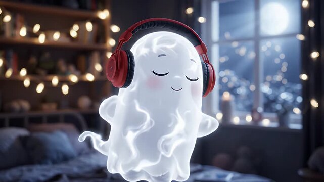 Cute Ghost with Headphones Listening to Music in Cozy Room - A cute, translucent ghost wearing red headphones is blissfully listening to music, with closed eyes and rosy cheeks.