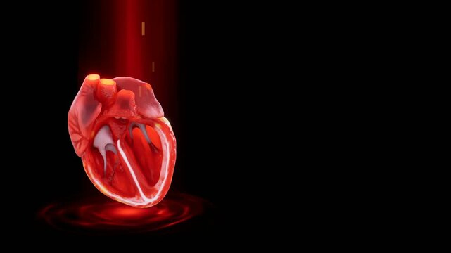 A detailed 3D medical animation shows the human heart with clear blood flow running through chambers and valves illuminated against a black background.