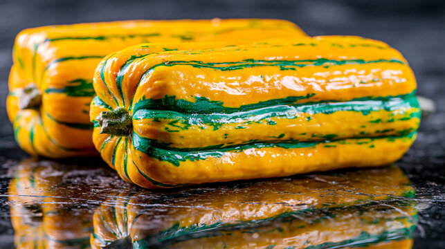 Fresh striped delicata squash on a dark reflective surface with delicata, vegetable