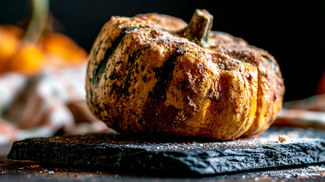 Roasted festive pumpkin on a stone platter with seasoning seasonal vegetable nutrition