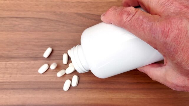 Closeup of a man&rsquo;s hand removing the lid from a plain white bottle or container, and pouring out some generic unbranded white tablets or pills onto a table.