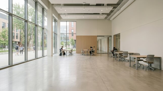 A Comfortable Campus Room Designed for Student Life, Modern open-plan university lounge with large windows, students working at tables, and urban exterior view.