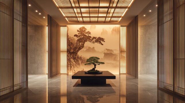 Ultra-luxury modern Asian interior hallway, symmetrical composition. A floating black stone table at center holding a small bonsai tree
