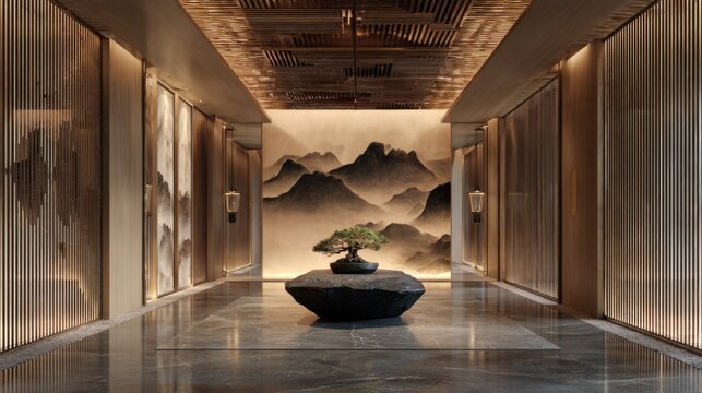 Ultra-luxury modern Asian interior hallway, symmetrical composition. A floating black stone table at center holding a small bonsai tree
