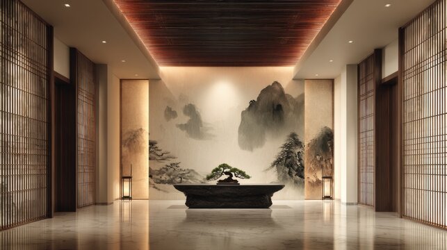 Ultra-luxury modern Asian interior hallway, symmetrical composition. A floating black stone table at center holding a small bonsai tree

