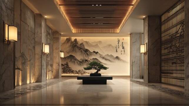 Ultra-luxury modern Asian interior hallway, symmetrical composition. A floating black stone table at center holding a small bonsai tree
