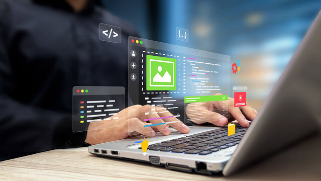 Web Design and App Development Concept. UX-UI Design, User Experience, Modern Interface Designing, Creative Planning and Data Visualization. Web Developer Working on Website on a Laptop.