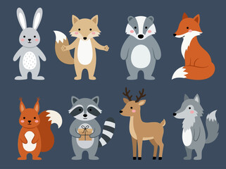 Fototapeta premium Set of cute forest animal characters in flat vector style.