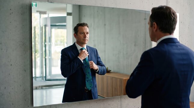 Professional man preparing for work in mirror