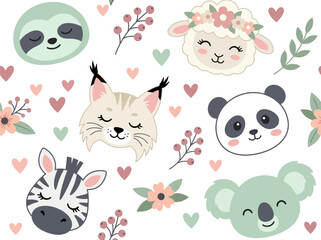 Fototapeta premium Cute Seamless Pattern with Baby Animal Faces and Floral Elements